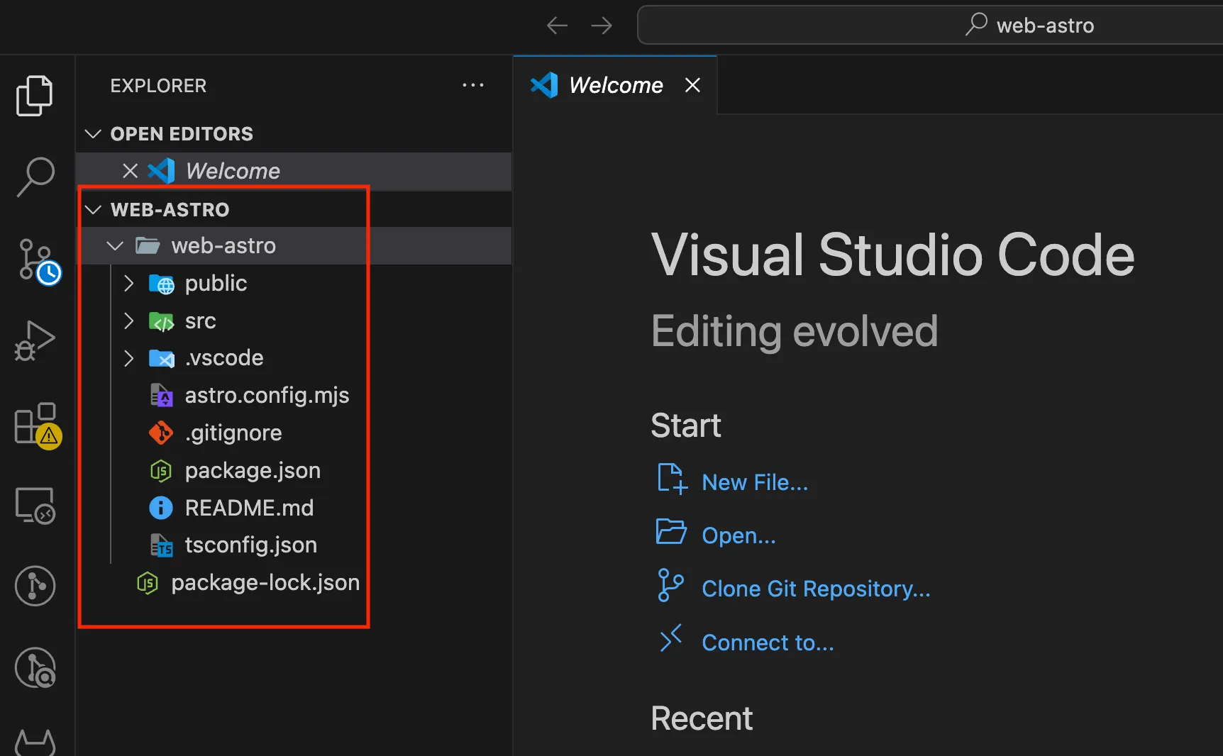 หน้าจอการเปิดโปรเจกต์ Astro ด้วยโปรแกรม VS Code