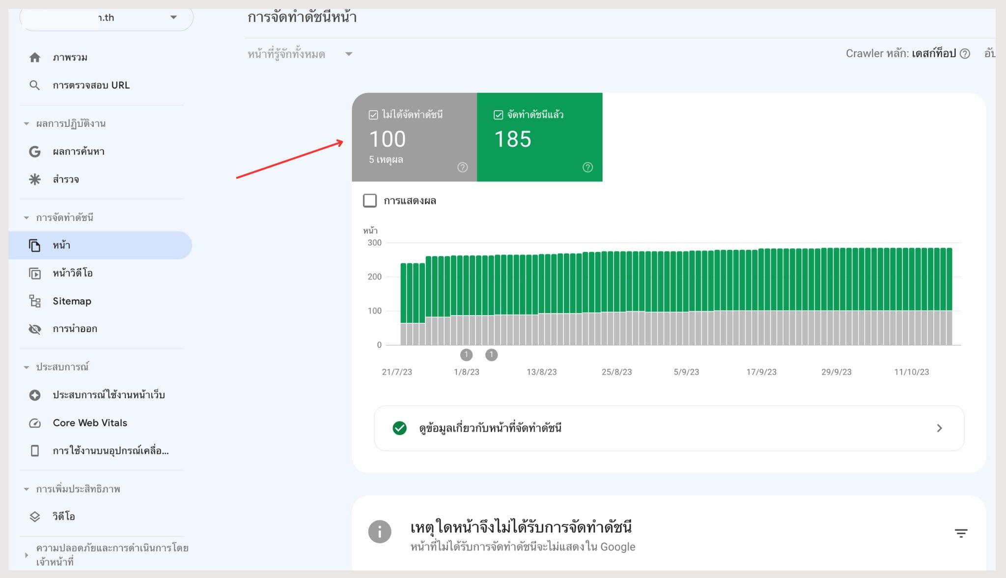 รายงานหน้าเว็บที่ไม่ได้ถูก index ใน Google Search Console