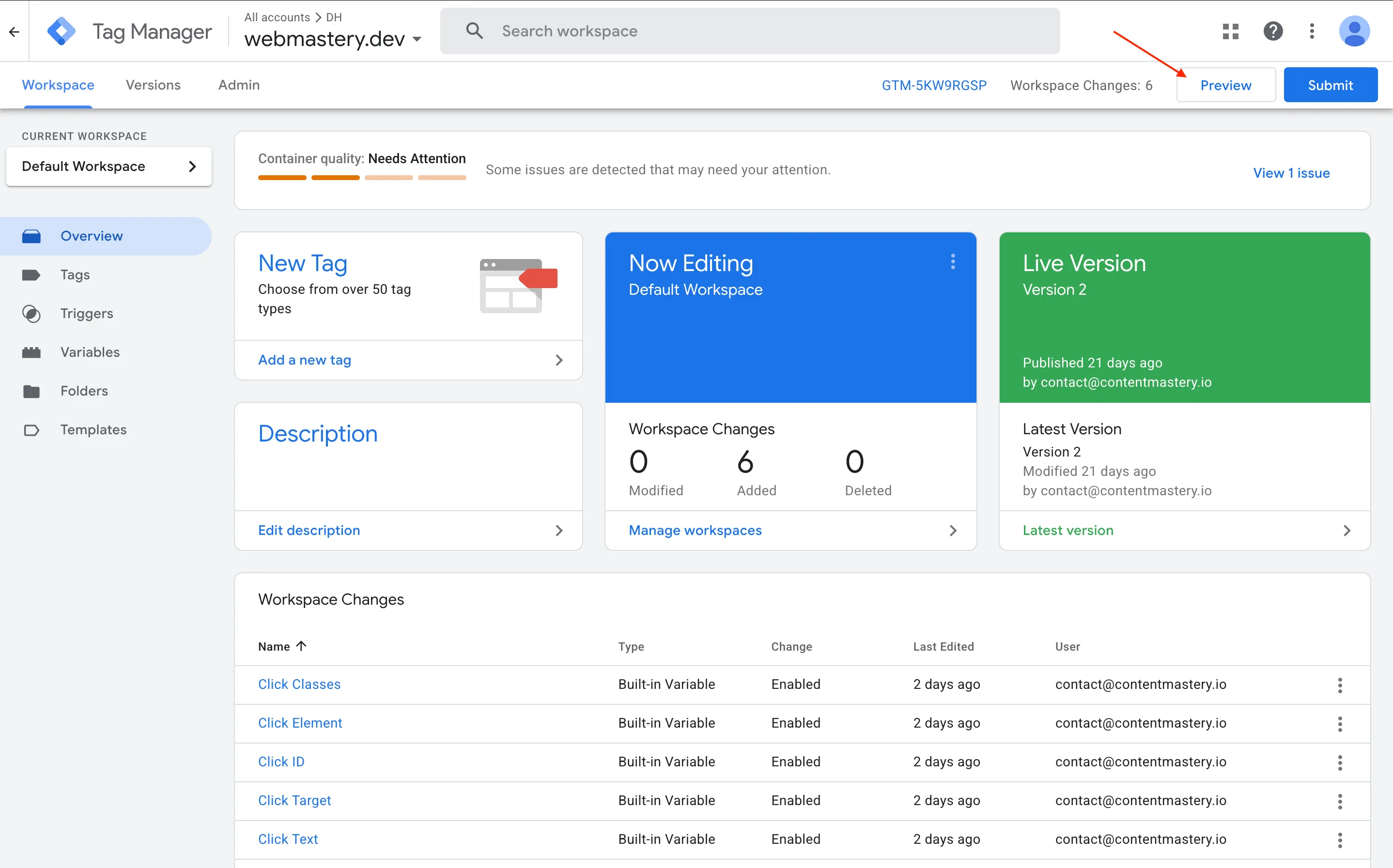 Google Tag Manager Preview Button