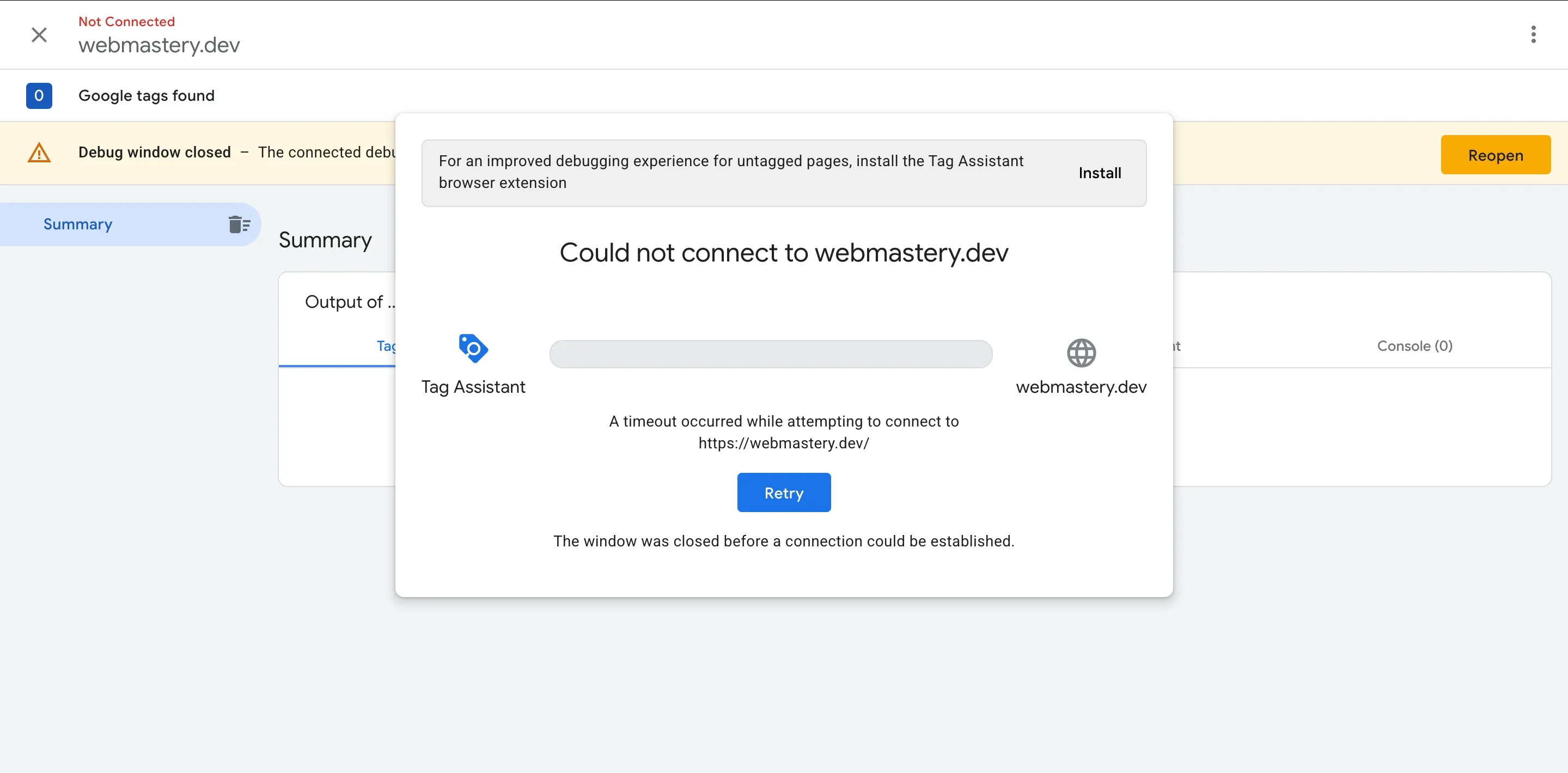 GTM Preview Mode Not Connected
