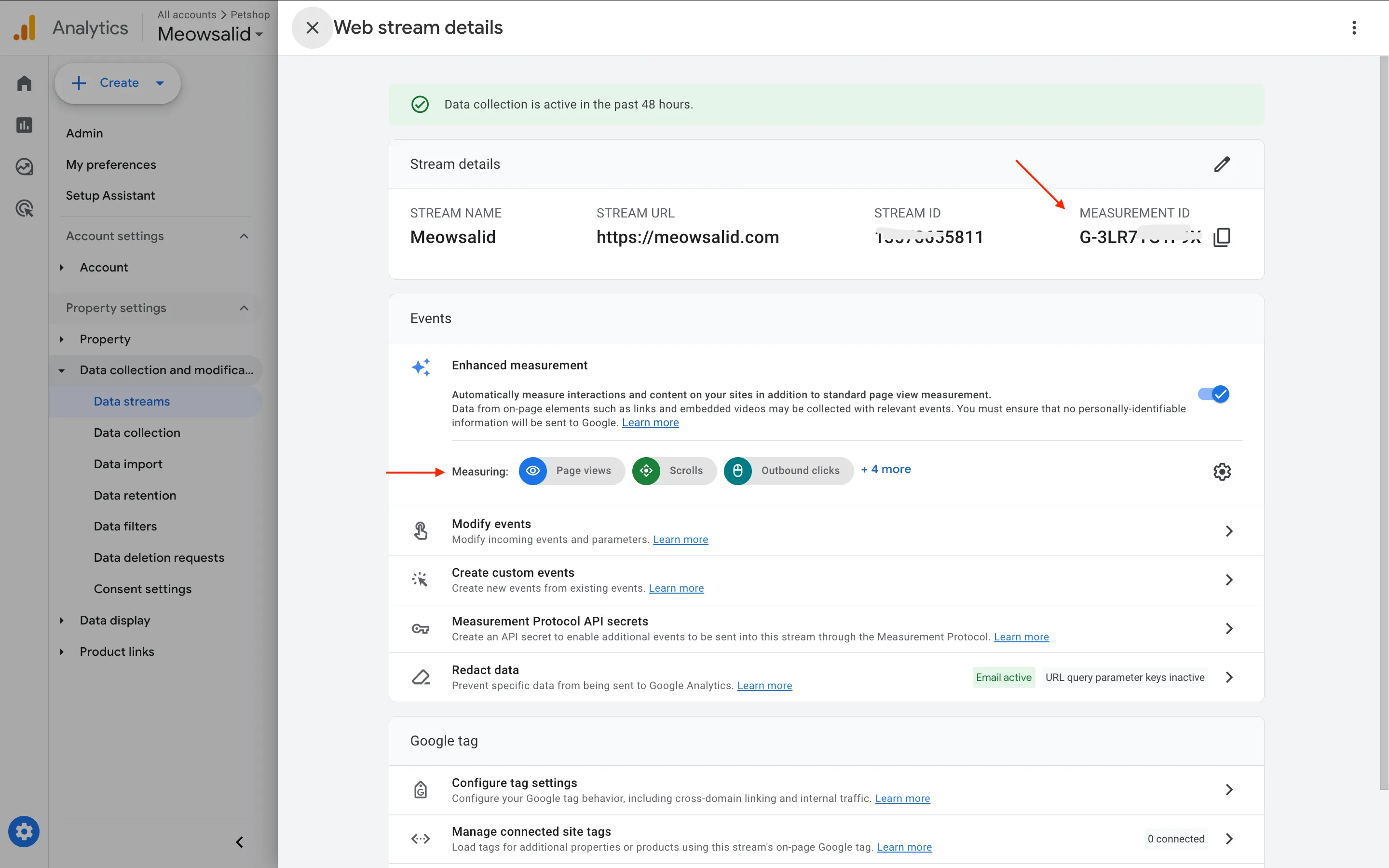 หน้าจอรายละเอียด Web Stream ใน GA4 แสดง Measurement ID