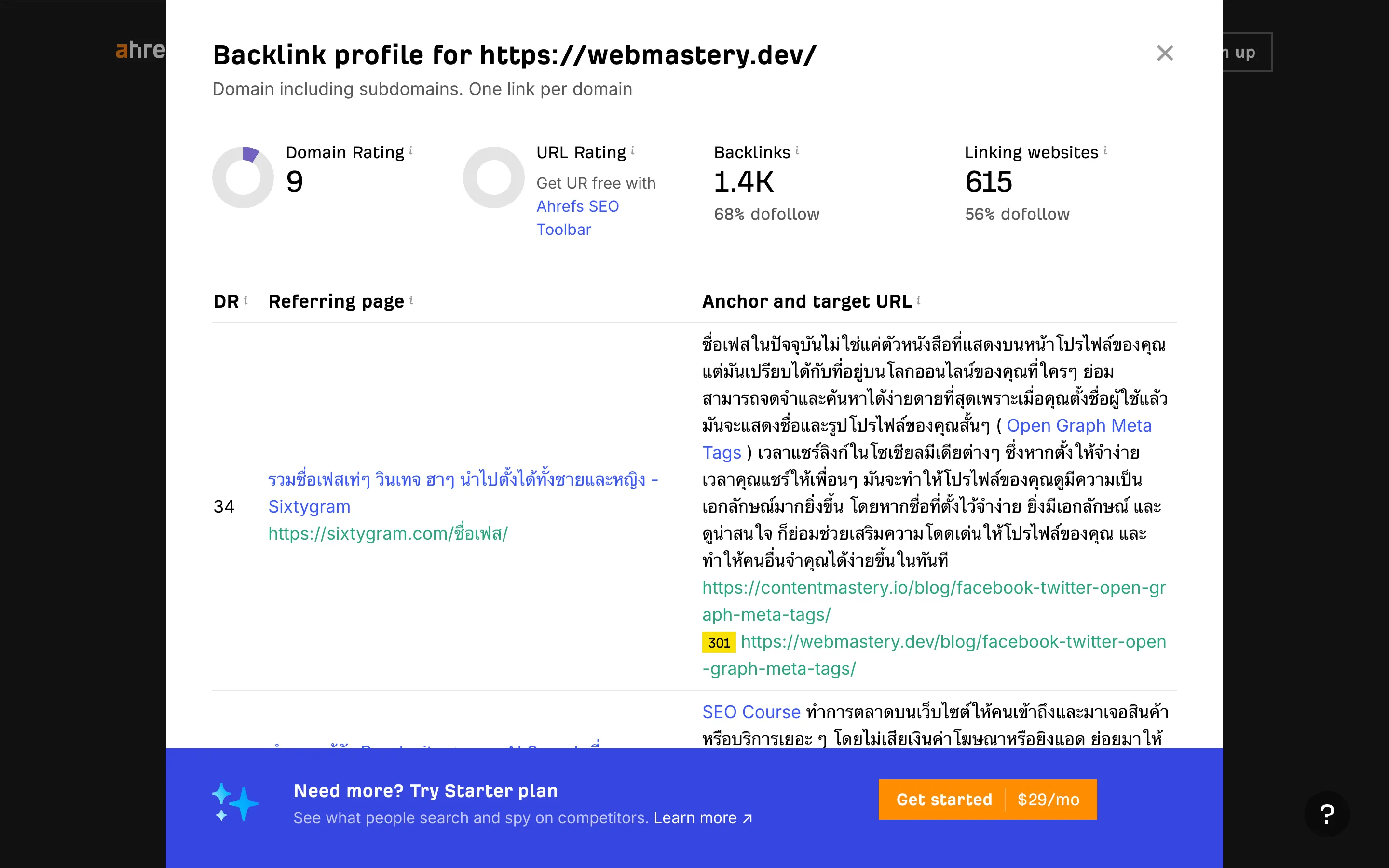 ตัวอย่างผลลัพธ์การตรวจสอบ Backlink