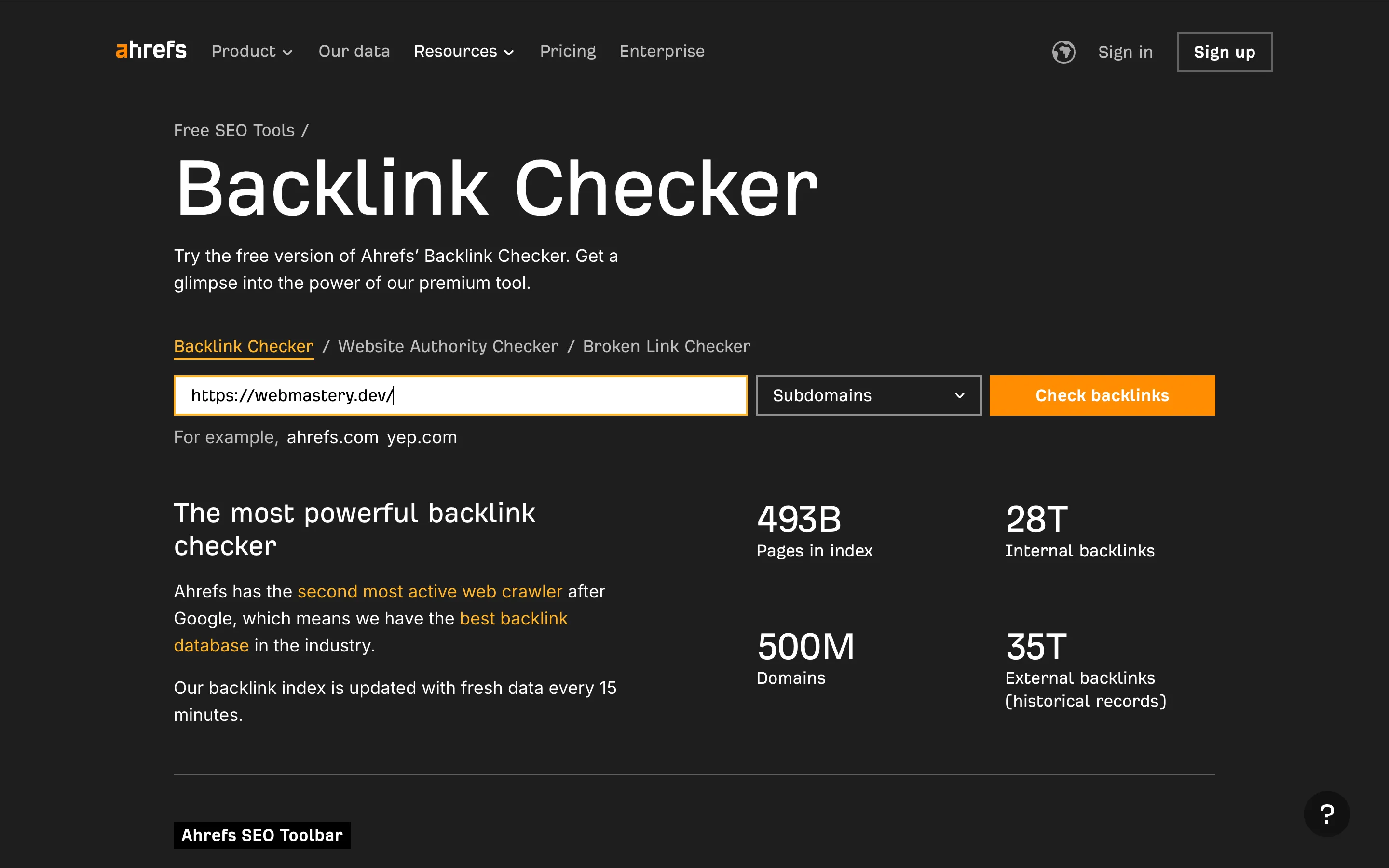 ตัวอย่าง Backlink Checker (ฟรี) จาก Ahrefs