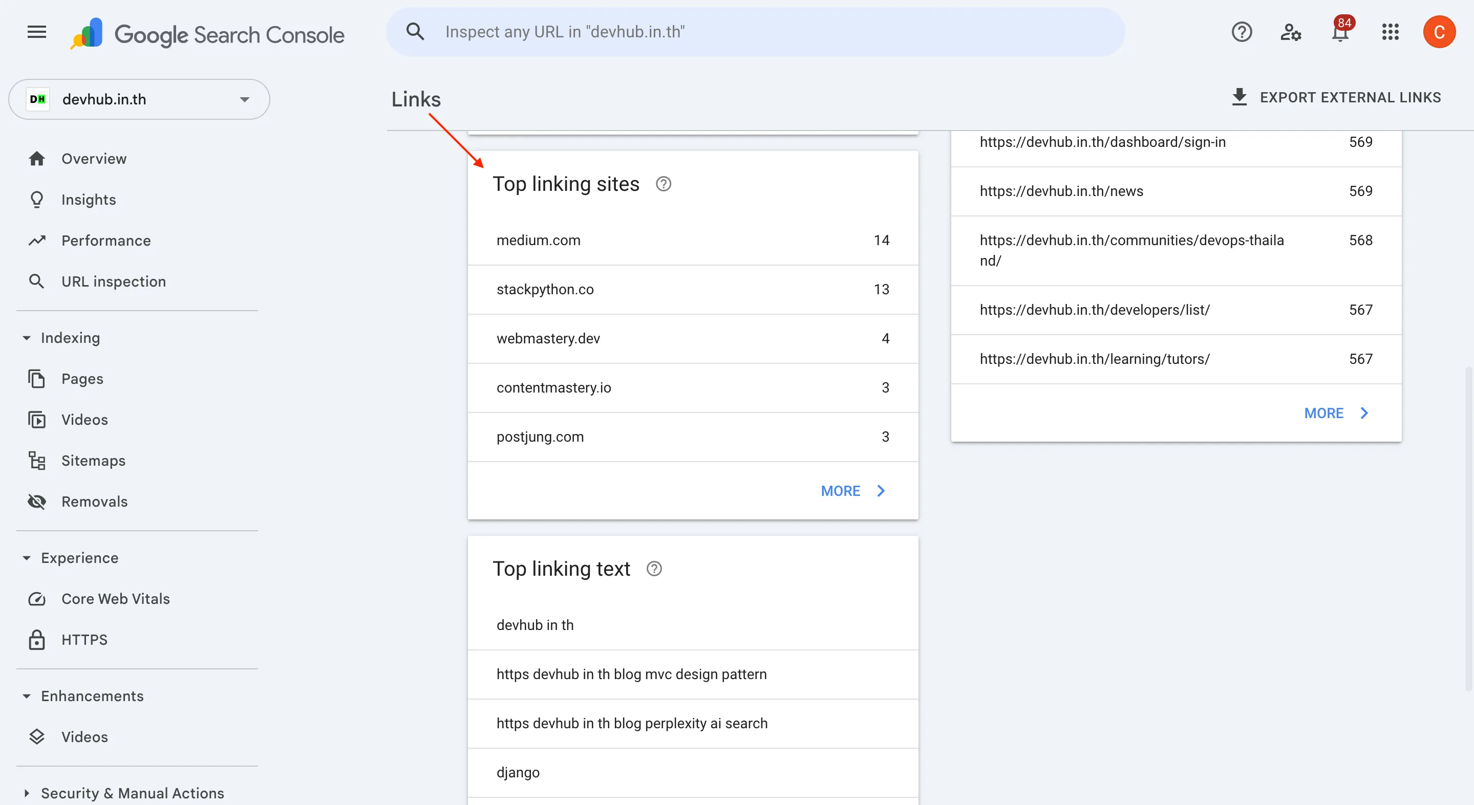 ตัวอย่างการตรวจสอบ Backlink ใน Google Search Console