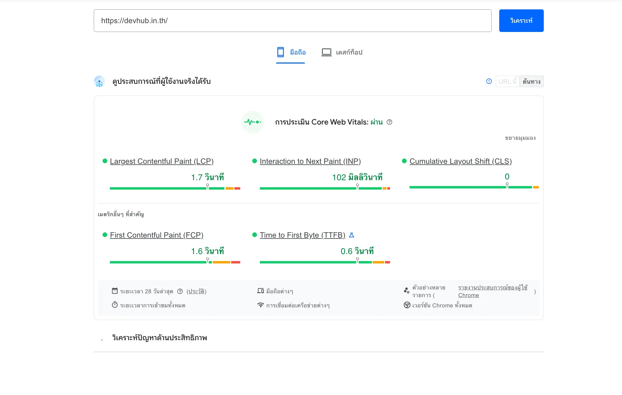 ตัวอย่างผลการทดสอบ Core Web Vitals (ผ่าน)
