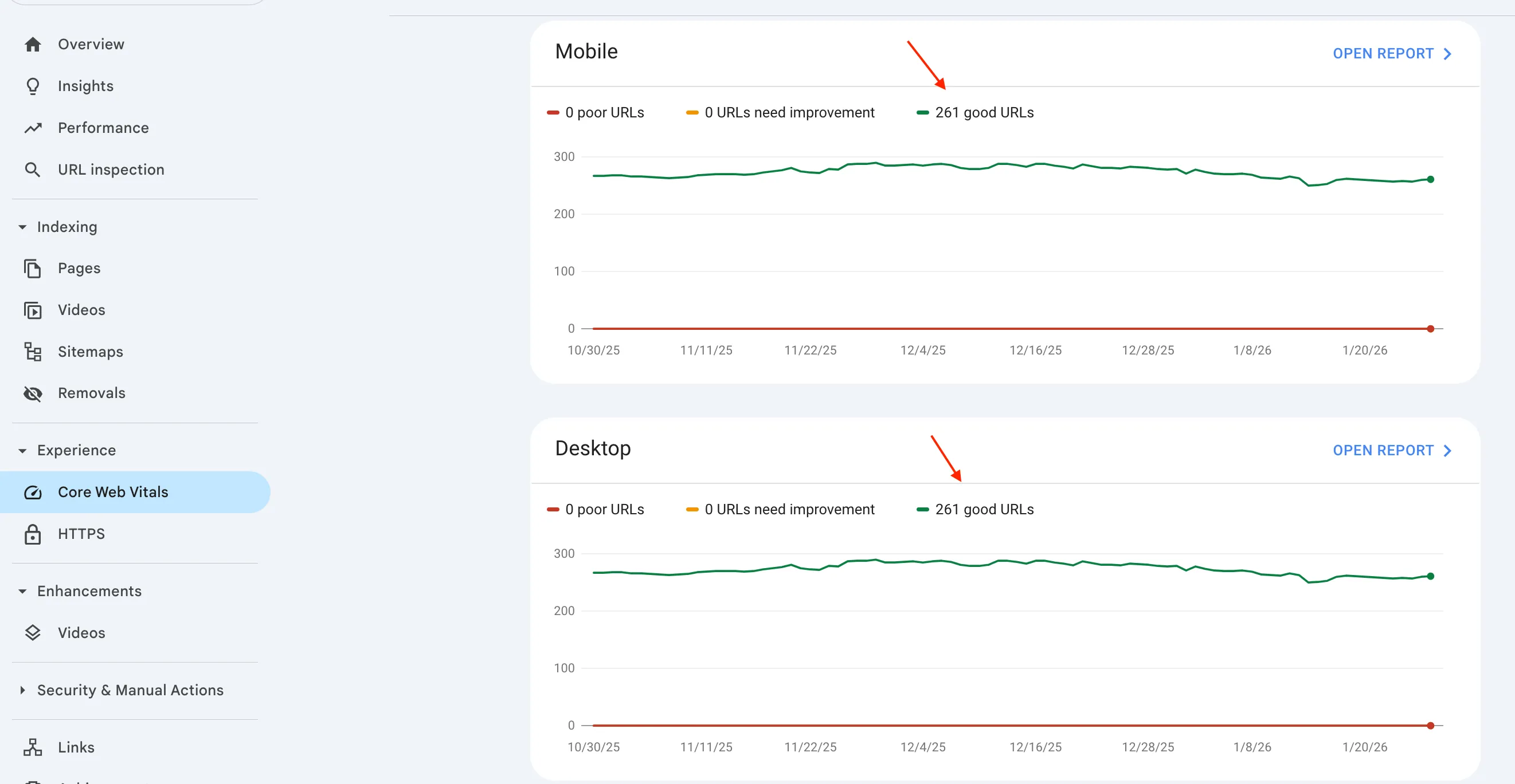 ตัวอย่างรายงาน Core Web Vitals ใน Google Search Console