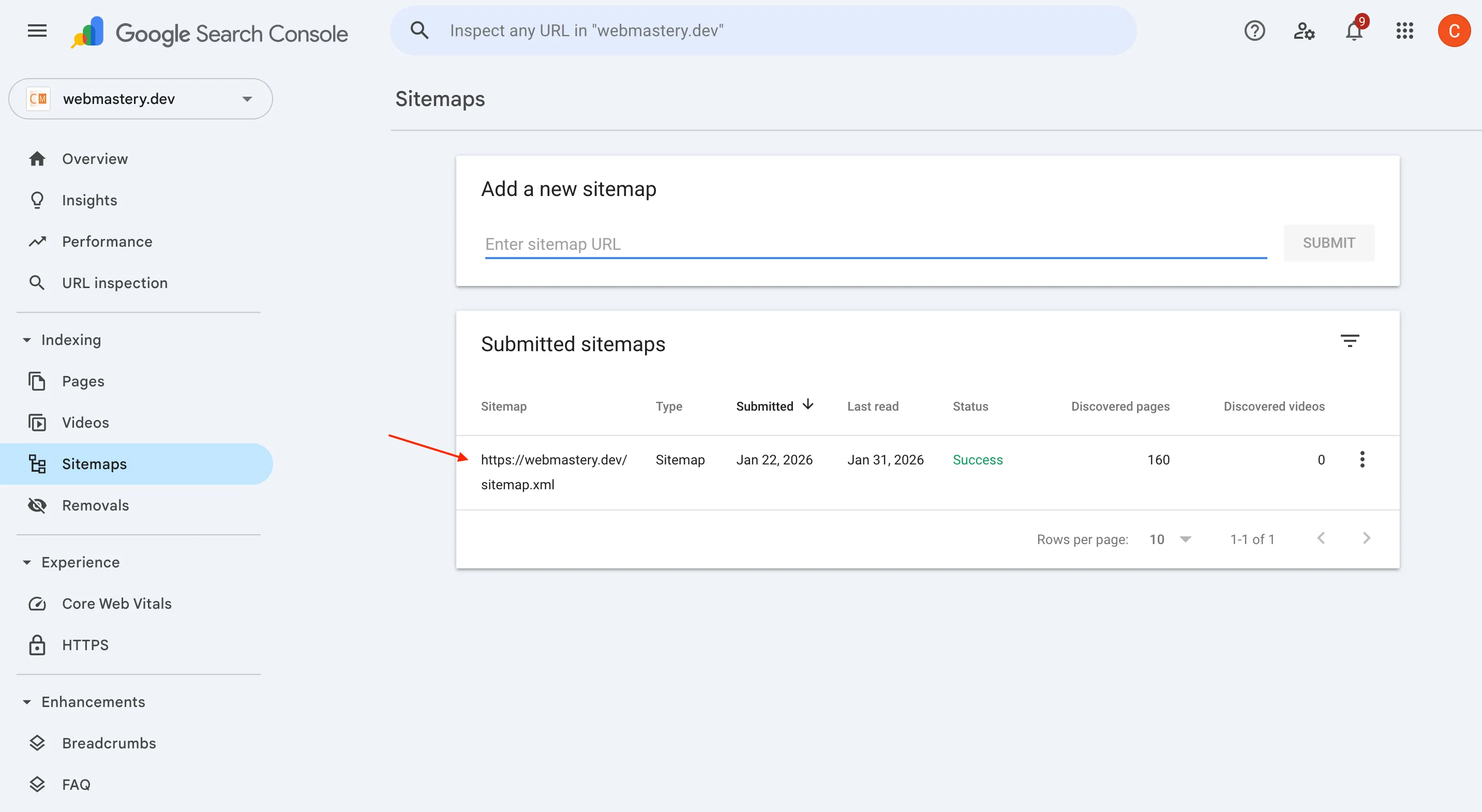 ตัวอย่างการส่ง Sitemap สำเร็จใน Google Search Console