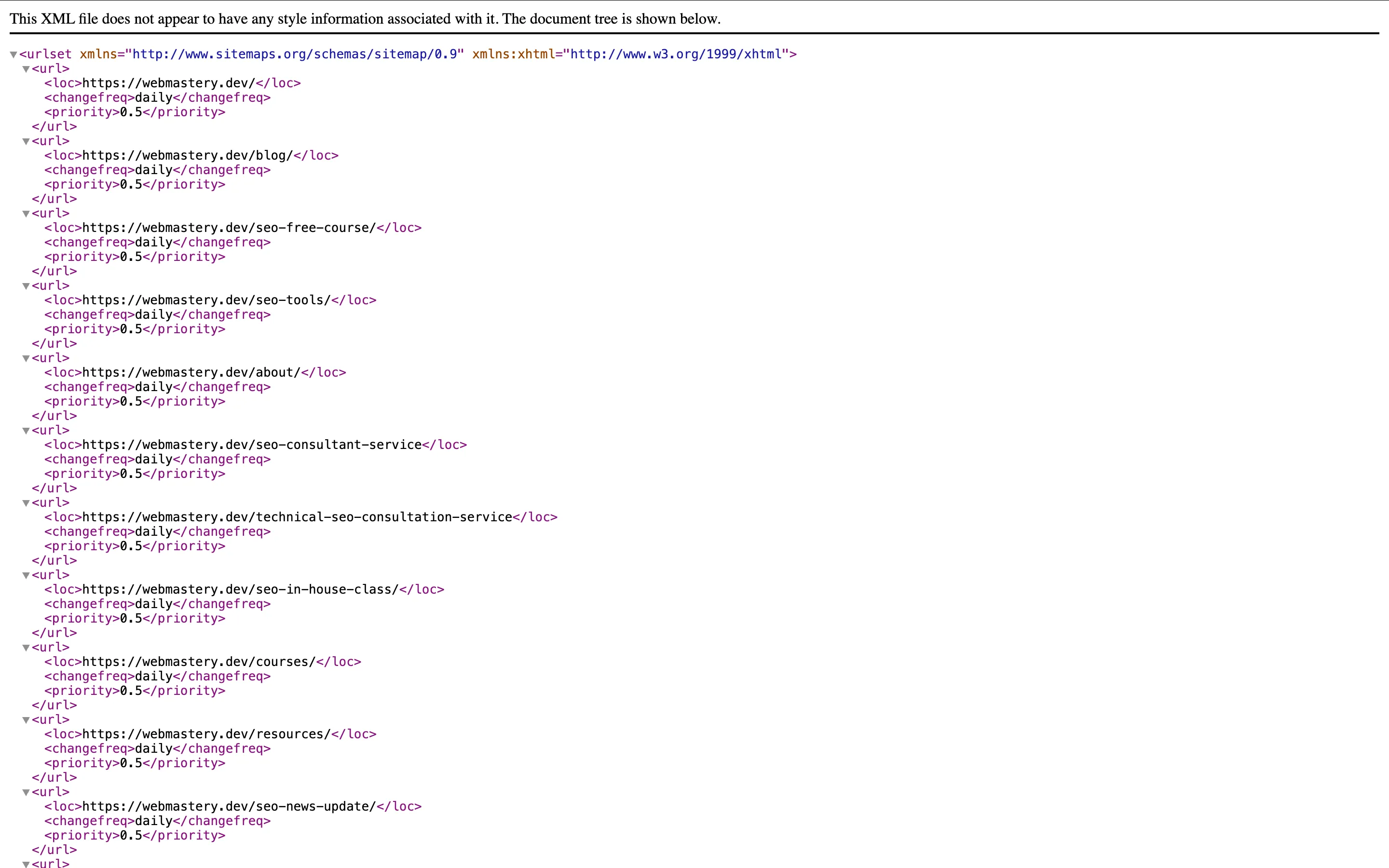 ตัวอย่าง sitemap.xml (ของ Web Mastery)